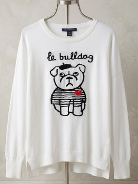 French Connection White BullDog Graphic Sweater Red Heart Accent (Sz M) Cotton